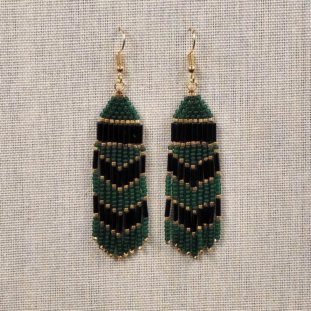 Frosted Green, Black, Gold Fringe Earrings Seed Bead 18k Gold Plated Handmade